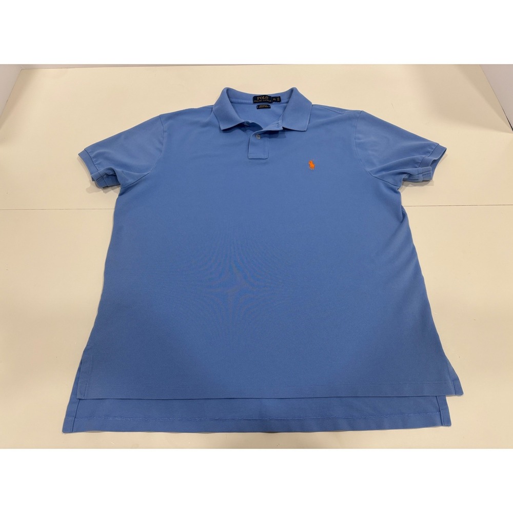 Polo Ralph Lauren Mens XL Custom Fit Stretch Mesh Polo Shirt Blue Orange Pony